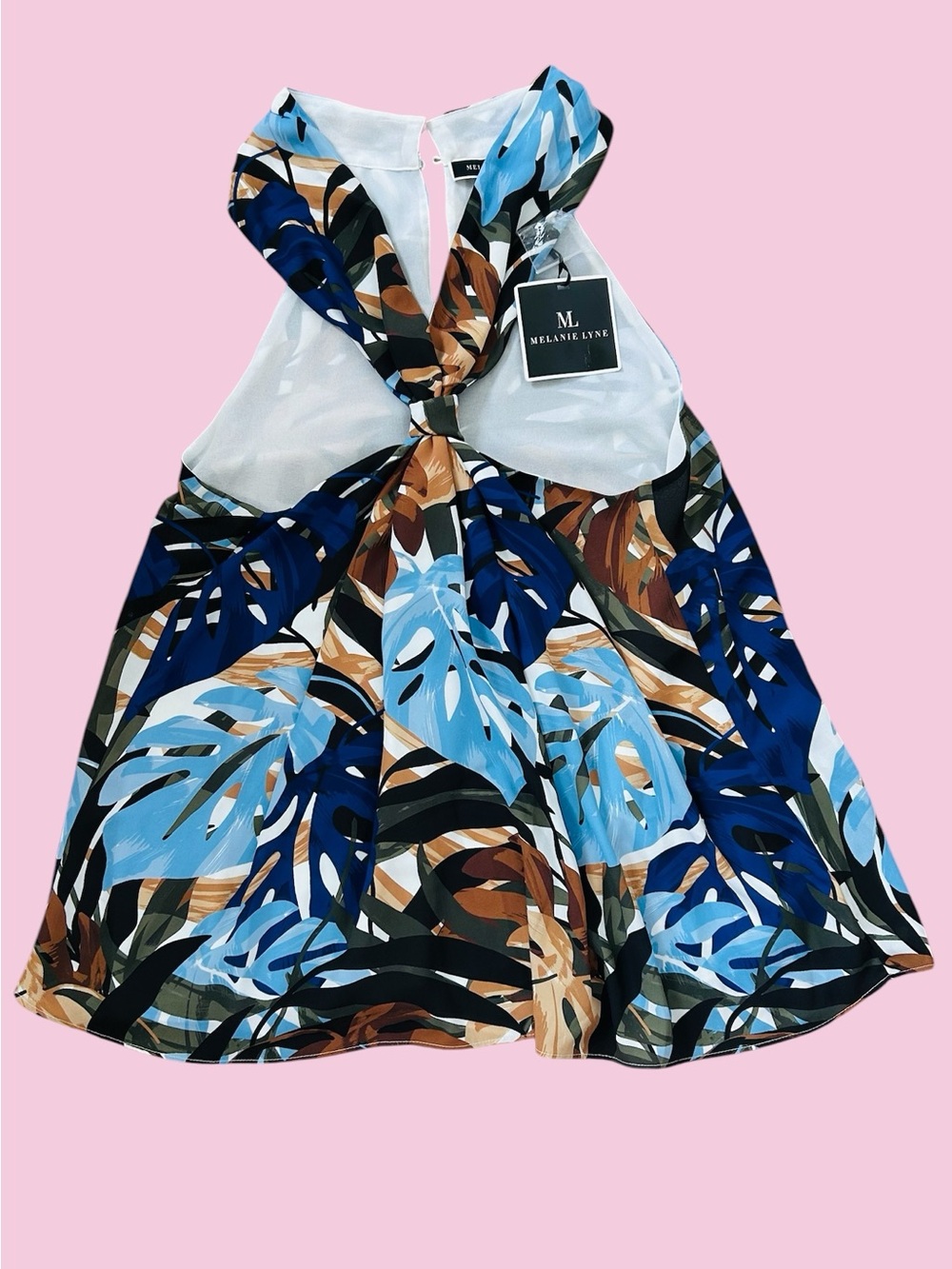 Melanie Lyne Tropical Leaf Halter Dress - Blue & Brown Top size 14